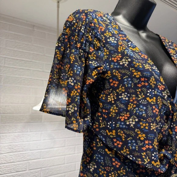 Madewell Floral Mini Dress Tie Front V Neck Short Sleeve Women's Size 00 - Picture 2 of 6
